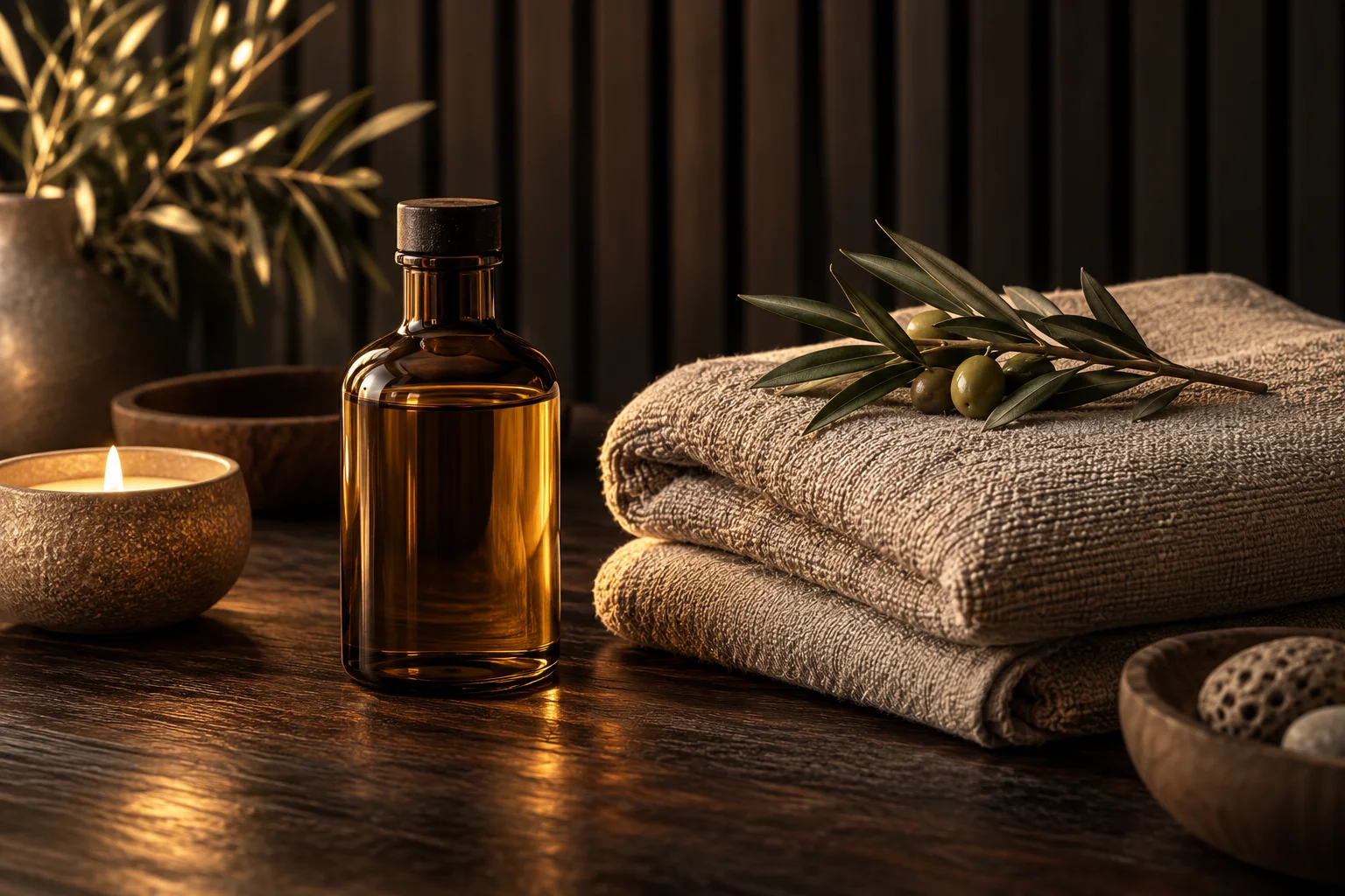 Amberkleurige massageolie, zachte handdoeken en kaarslicht