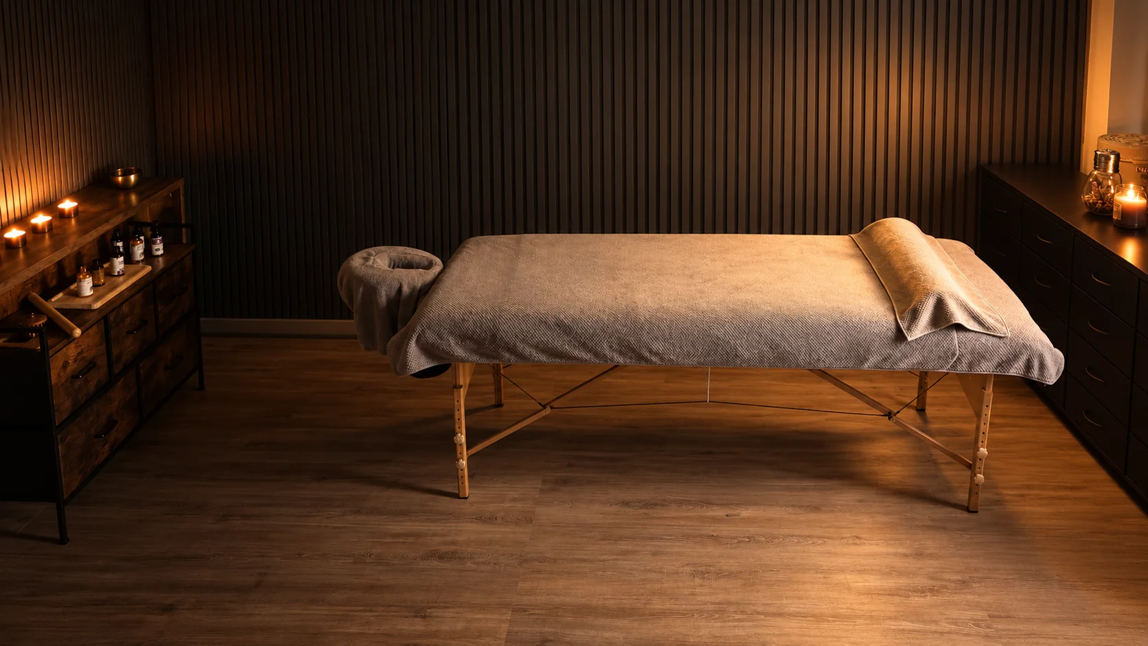 Massagetafel in de warme, rustige praktijkruimte van Ana’s Crown Ritual