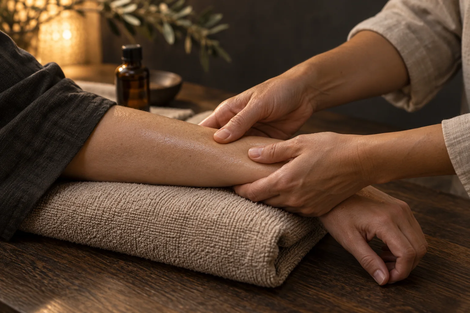 Close-up van een rustige hand- en onderarmmassage